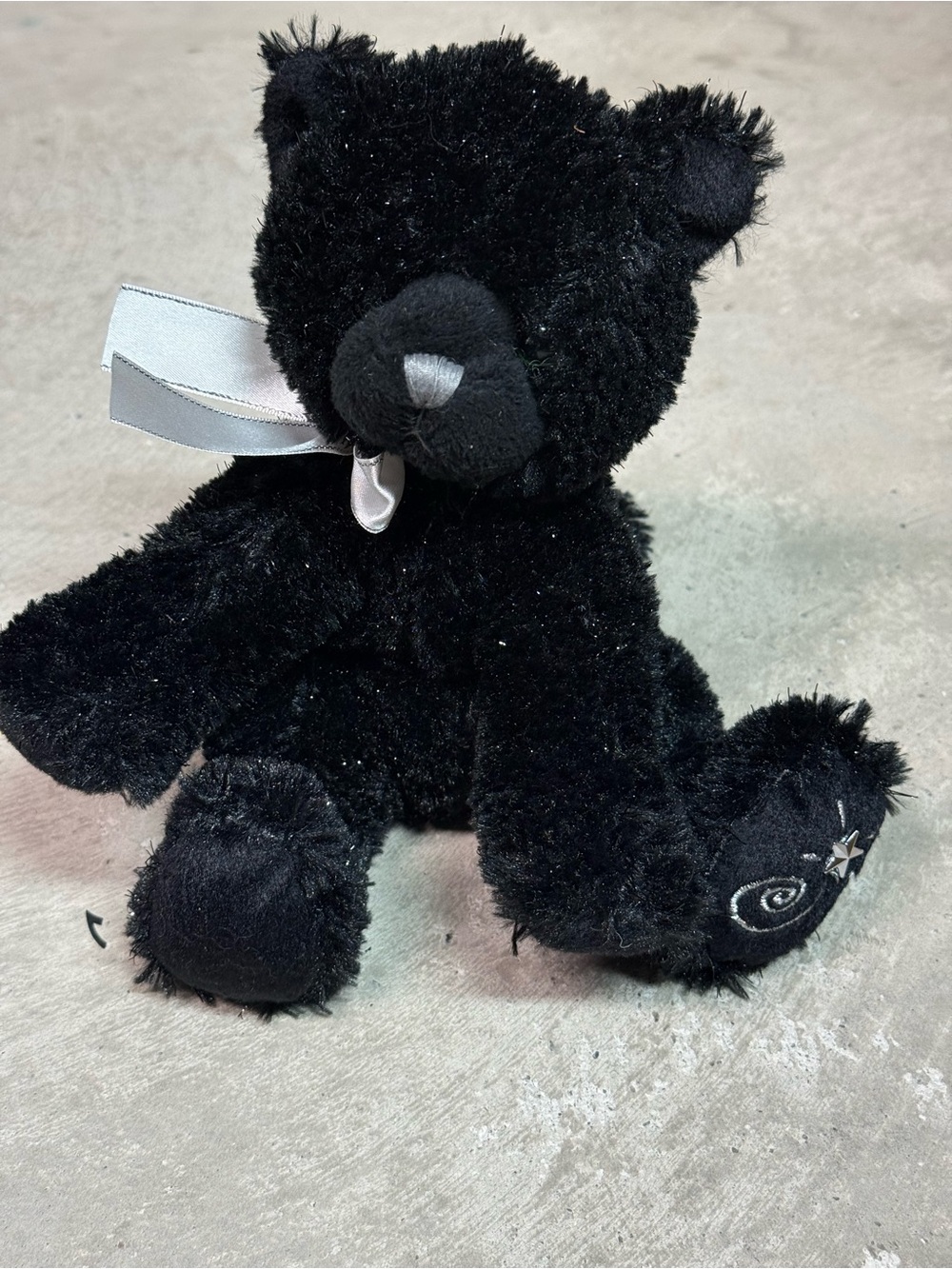 Black Plush Teddy Bear with Silver Ribbon - Kids Toys